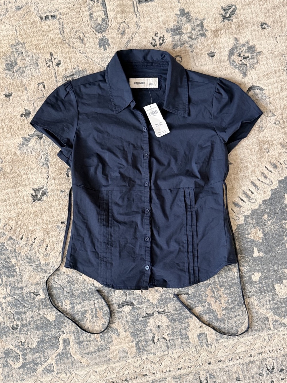 Hollister Navy Blue Button Up Tie Back Blouse